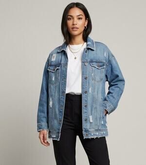 Zara XS Distressed Oversized Denim Jacket Medium Wash Ripped Jean Coat Grunge